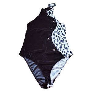 Black White Spotted Animal Print One Piece Velour Polyester Forplay Swimsuit 2X